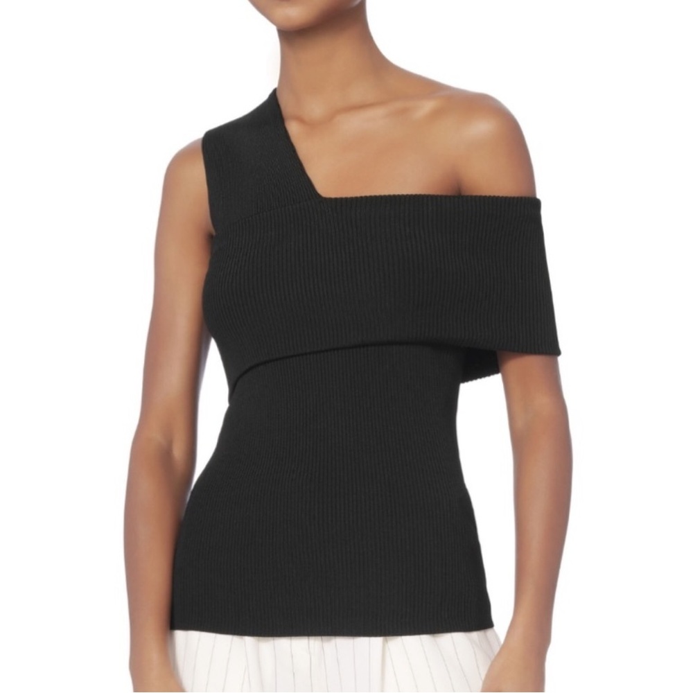 INTERMIX Kaitlin Black One-Shoulder Ribbed Tank Top